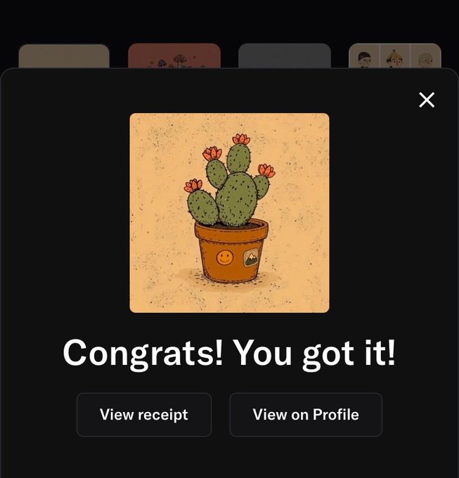 A digital art pop-up congratulates the user with 'Congrats! You got it!' below an illustration of a potted cactus with orange flowers on a beige background, offering 'View receipt' and 'View on Profile' buttons.