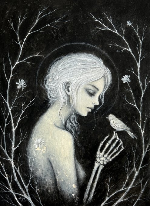 A detailed pencil/charcoal drawing of a pale girl with a halo looking down at a small bird perched on her skeletal hand, framed by bare branches and small flowers against a black background.