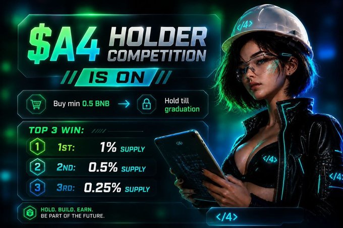 The image presents a vibrant graphic design featuring an attractive woman with short hair wearing safety gear, such as a hard hat and goggles. She appears to be standing next to a black helmet while holding a tablet device, which has a blue color scheme that complements her outfit. The background of the image is dark, creating a stark contrast that highlights the woman and her protective gear.

The central focus of the design is the post announcing "@Agent4_bsc Holder Competition is ON Buy min 0.5 BNB → Hold till graduation Top 3 win: 1st: 1% supply 2nd: 0.5% supply 3rd: 0.25% supply Simple. Fair. Big rewards for real believers". This information can be seen in the image, drawing attention to the content of the post and reinforcing its importance.