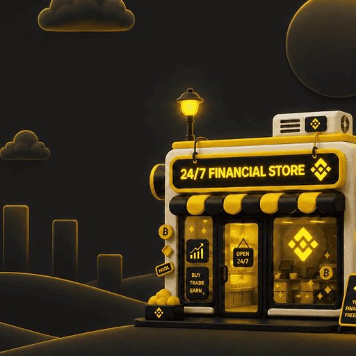 A stylized 24/7 Binance-themed "Financial Store" storefront glows in gold and black, featuring an "OPEN 24/7" sign, BNB logos, and text like "BUY TRADE EARN" — visually representing the "#金融便利店" (Financial Convenience Store) on-chain narrative highlighted in the post.