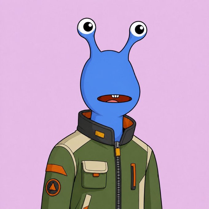 A cartoon character with a blue alien-like head, two large eyes on stalks, and an open mouth wears a green tactical jacket against a solid lavender background.