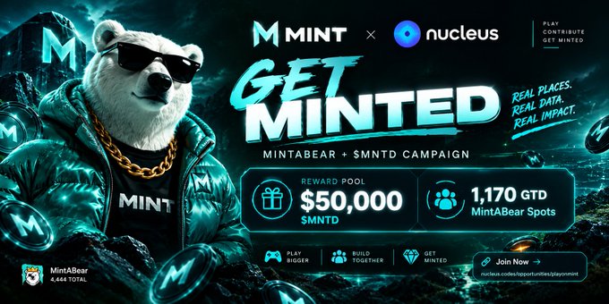 Promotional banner for a 'MINT x nucleus' 'GET MINTED' campaign featuring a sunglasses-wearing bear mascot, advertising a $50,000 SMNTD reward pool and 1,170 GTD MintABear spots.