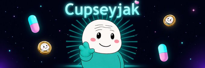 A cute white, smiling character with a teal hand raised in greeting waves from beneath the glowing text "Cupseyjak," surrounded by floating coins and colorful capsules against a cosmic, starry background—serving as a vibrant banner image for the $Cupseyjak token listing on Moby.