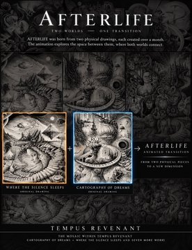 A dark promotional flyer for 'AFTERLIFE: TWO WORLDS, ONE TRANSITION' by Tempus Revenant, displaying two card sets ('Where the Silence Sleeps' and 'Cartography of Dreams') that combine to form a complete hidden image.