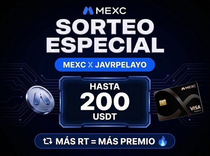 A promotional graphic for MEXC exchange advertising 'SORTEO ESPECIAL MEXC X JAVRPELAYO' with a prize pool of up to 200 USDT, featuring 'MÁS RT = MÁS PREMIO' text and Visa Platinum card imagery.