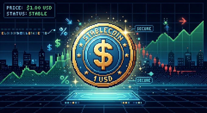 A glowing 'STABLECOIN 1 USD' golden coin graphic with 'PRICE: $1.00 USD, STATUS: STABLE' displayed over a stock market chart background.
