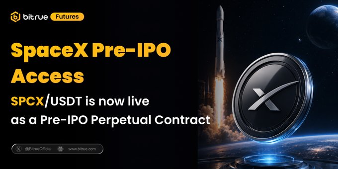 The image has a dark blue background that prominently features a black and silver rocket, as well as the text "SpaceX Pre-IPO Exposure is now live on #BitrueFutures Trade $SPCX/USDT Perpetual Contracts SpaceX to grab the momentum before the IPO frenzy begins Why trade $SPCX? Easy access to SpaceX Pre-IPO market exposure Long or short with flexible two-way trading". The rocket and the text are positioned centrally, making it easy for viewers to see what's being advertised.