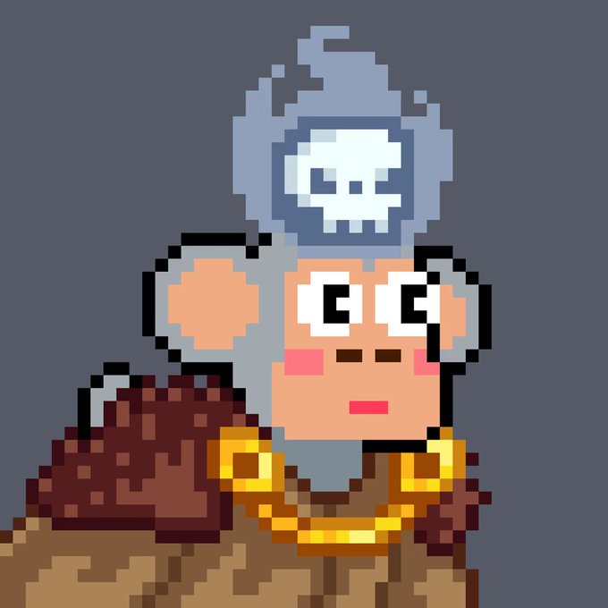 A pixel art illustration of a bearded character with a skull icon above his head, wearing a gold necklace.