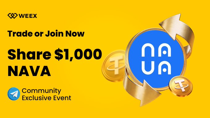 A yellow banner with a gold arrow and blue circle features the text "Trade or join now" and "Share $1,000 Nava Nova".