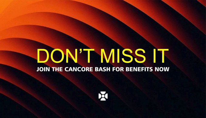 A promotional banner for CanCore with the bold yellow headline "DON'T MISS IT" and subtext "JOIN THE CANCORE BASH FOR BENEFITS NOW," set against a striking red and black wave-patterned background. The graphic urges viewers to take advantage of CanCore's cross-chain liquidity solution for tokenized real-world assets, aligning with the post's message about atomic settlement and seamless institutional RWA trading.
