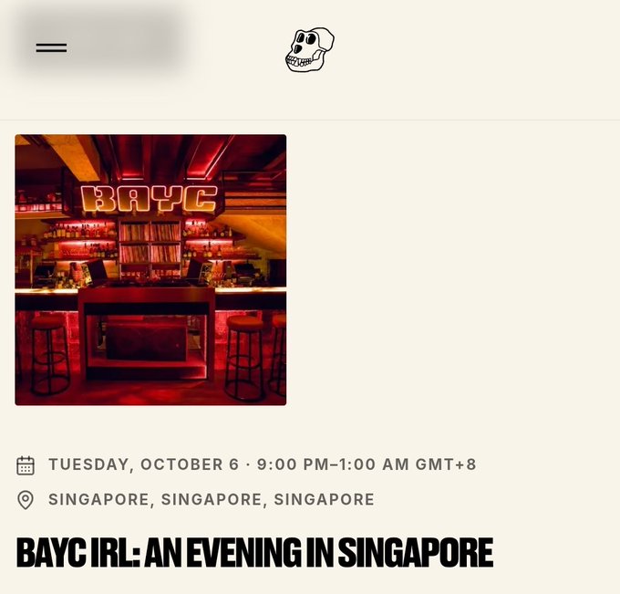 An event page showing 'BAYC IRL: AN EVENING IN SINGAPORE' scheduled for Tuesday, October 6 from 9:00 PM-1:00 AM GMT+8, featuring a red-lit bar interior with a 'BAYC' neon sign.