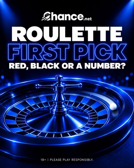A hance.net promotional banner for 'Roulette First Pick' asking to choose 'Red, Black or a Number?' with a blue-lit roulette wheel and '18+' responsible gaming warning.