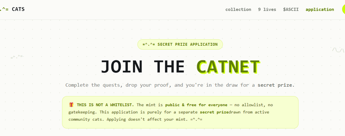 A webpage titled 'JOIN THE CATNET' featuring a 'SECRET PRIZE APPLICATION' and a disclaimer that it is not a whitelist and the mint is public and free.
