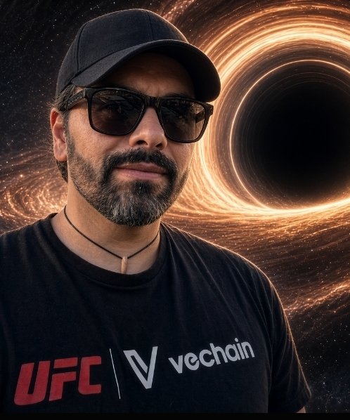 Portrait of a bearded man wearing sunglasses, a black cap, and a black t-shirt featuring 'UFC' and 'vechain' logos, set against a dramatic black hole/space background.