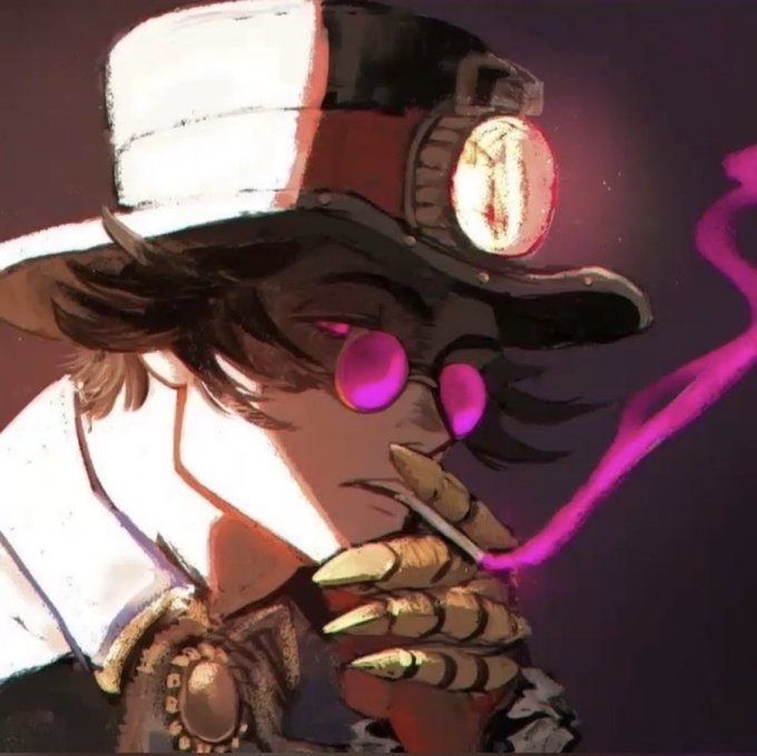 A stylized digital illustration of a character wearing a black top hat with glowing red eye motifs, rose-tinted glasses, and skeletal/clawed hands holding a cigarette, exhaling magenta smoke.