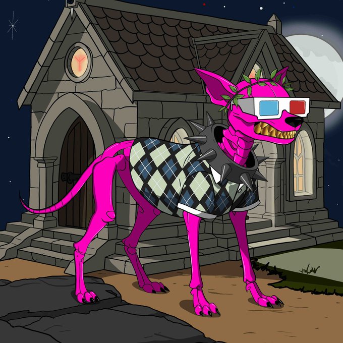 A digital illustration of a pink, skeletal dog wearing 3D glasses, a spiked collar, and an argyle sweater vest, standing in front of a gothic stone building at night under a full moon.