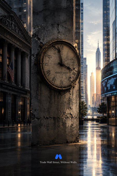 A weathered clock mounted on a concrete pillar shows the time in an urban setting near the New York Stock Exchange, with text at the bottom reading 'Trade Wall Street, Without Walls.'