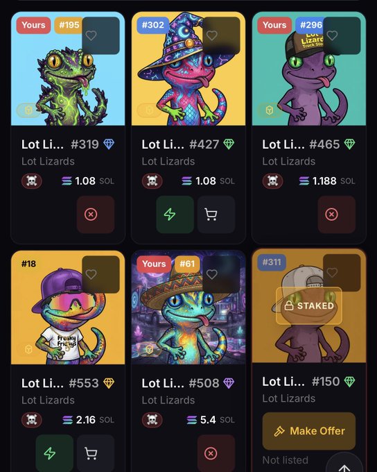 A marketplace interface showing six Lot Lizards NFTs (numbered #319, #427, #465, #553, #508, #150) priced in SOL, with various accessories like hats and glasses, some marked 'Yours' or 'STAKED'.