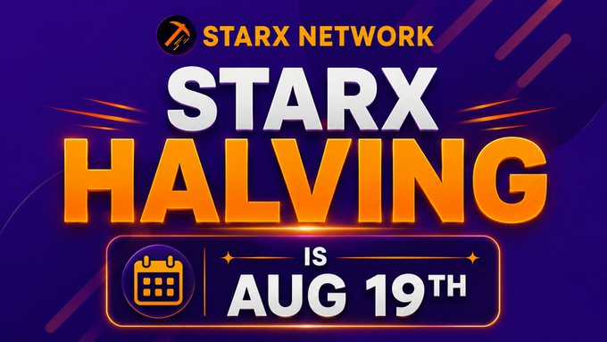 A purple promotional graphic for 'STARX NETWORK' announcing 'STARX HALVING IS AUG 19TH' with a calendar icon.