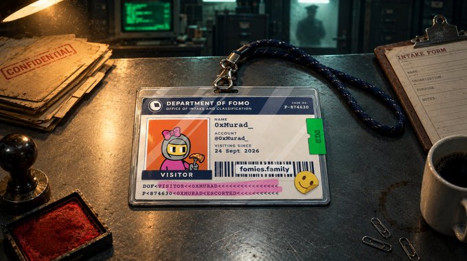 A worn ID badge for "0xMurad," issued by the Department of FOMO and marked "Visitor," lies on a dimly lit desk alongside confidential folders, an intake form, and a coffee mug—visually capturing the weary, procedural waiting experience highlighted in the post.