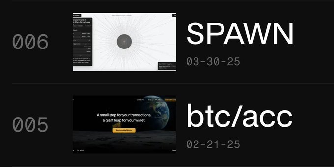 The image displays a portfolio or timeline list showing two entries: "006 SPAWN" dated 03-30-25 with a dark sphere graphic, and "005 btc/acc" dated 02-21-25 featuring an Earth/moon background with text reading "A small step for your transactions, a giant leap for your wallet." The list visually showcases two of the custom Uniswap v4 hook launches mentioned in the post, demonstrating the user's track record of deploying innovative DeFi projects through their personal portfolio.