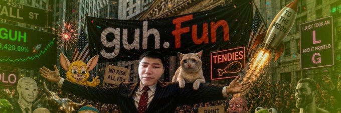 The image is a promotional banner for the "$GUH" meme coin, featuring a man in a suit with outstretched arms surrounded by chaotic meme imagery—including a cat, a rocket labeled "TO THE MOON," and signs reading "guh.Fun," "TENDIES," "NO RISK ALL FD's," and "I JUST TOOK AN L AND IT PRINTED G," alongside a stock chart showing a massive 4,420.69% gain. The chaotic, humorous collage visually reinforces the post's narrative that GUH is a simple, viral meme coin with a strong community and explosive growth potential, inviting viewers to join in on the joke.