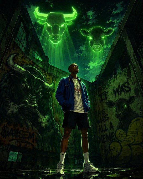A man stands in a graffiti-covered alley, gazing up at two glowing green bull neon signs illuminating the night sky, with the phrase "IT WAS ALL A MEME" spray-painted on the wall beside a goat illustration. The image ties to the caption by visually representing "Ansem" — a prominent crypto trader known for calling bullish market surges (or "god candles") — using the iconic green bull as a symbol of impending price rallies, with the "meme" graffiti nodding to his role in meme coin culture.