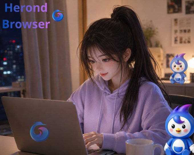 An anime-style illustration of a young woman in a purple hoodie working on a laptop, with 'Herond Browser' text and a penguin mascot on the right side.