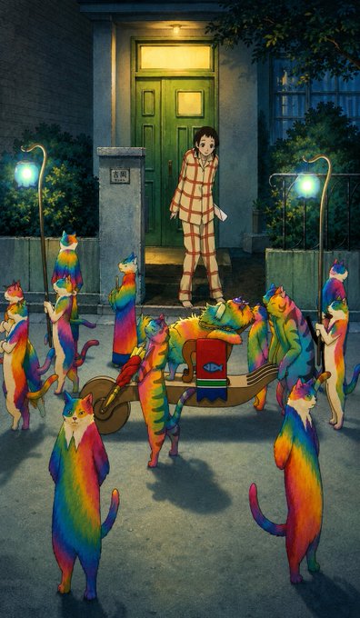 An illustration of a woman in pajamas standing at the doorway of a house at night, observing a gathering of rainbow-colored cats playing musical instruments.