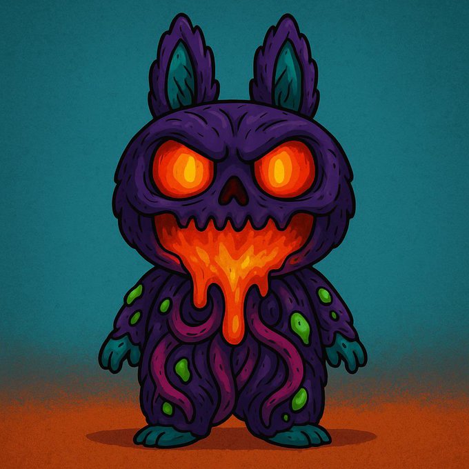A cartoon illustration depicts a purple, fuzzy, rabbit-like creature with glowing orange eyes and a fiery mouth dripping with lava-like substance, standing on a rust-colored ground against a teal background.