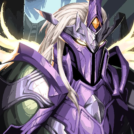 An anime-style illustration of a purple-armored warrior with long white hair, glowing yellow eyes, and a horned helmet, set against a city background.
