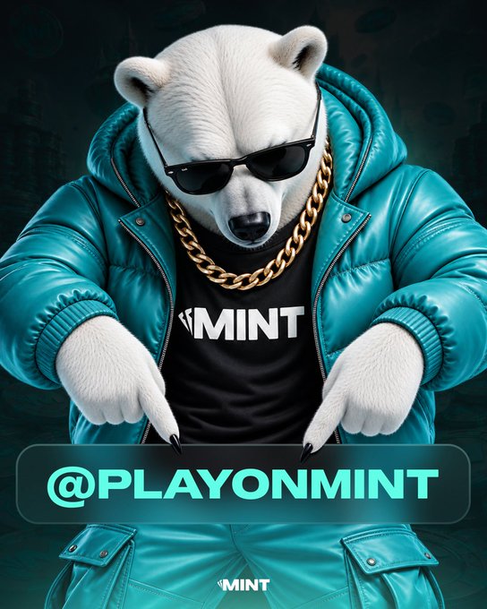 A stylized polar bear wearing sunglasses, a gold chain, and a teal puffer jacket points to the text "@PLAYONMINT" against a "MINT" branded shirt, visually tying into the post's introduction of the PlayOnMint ecosystem and its MintABear NFT collection launching on Robinhood Chain.