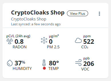 An air quality monitoring dashboard for CryptoCloaks Shop displaying readings for Radon (0.8 pCi/L), PM 2.5 (0 µg/m³), CO₂ (522 ppm), Humidity (37%), Temperature (80°), and VOC (206 ppb), last synced a few seconds ago.