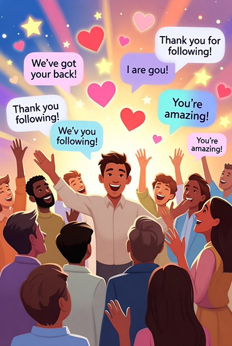 A colorful cartoon illustration of a happy diverse crowd cheering, with speech bubbles containing phrases like 'Thank you for following!', 'We've got your back!', and 'You're amazing!' floating among stars and hearts.