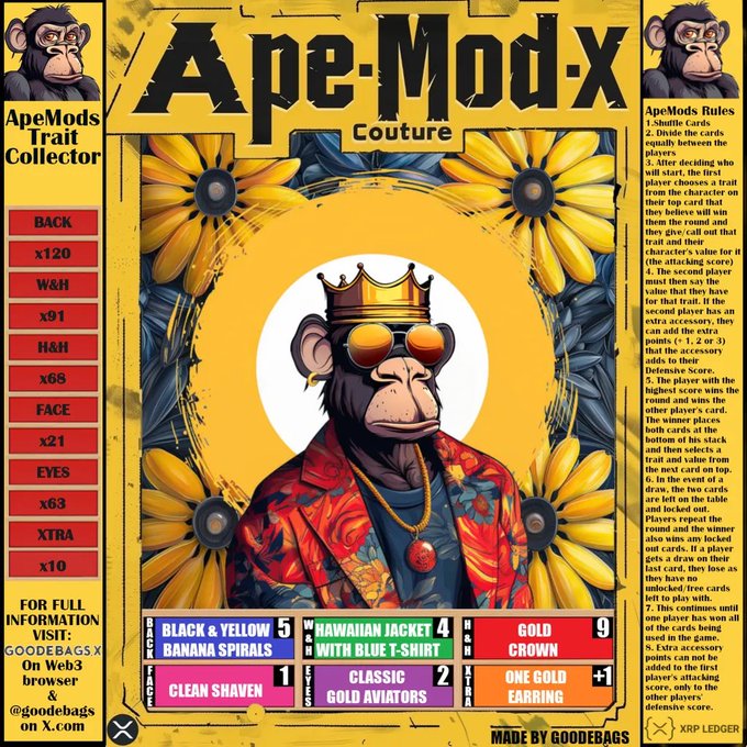 An 'Ape-Mod-X Couture' digital trading card by ApeMods features a crowned ape with sunglasses against sunflowers, displaying traits like Black & Yellow Banana Spirals, Hawaiian Jacket, Gold Crown, and Classic Gold Aviators.