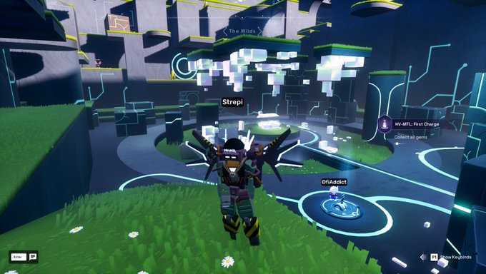 A screenshot from a video game showing a character with bat-like wings in a futuristic neon-lit environment, with player names 'Strepi' and 'DRIAddlct' visible and text indicating 'Mx-MTL First Charge'.