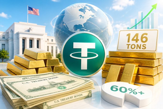 The image shows stacks of gold bars, U.S. Treasury bonds, the Tether (USDT) logo, and a Federal Reserve building, with text highlighting "146 TONS" of gold and "60%+" on a pie chart, visually reinforcing the post's message about Tether's massive gold reserves and its role as a major U.S. Treasury bond holder.