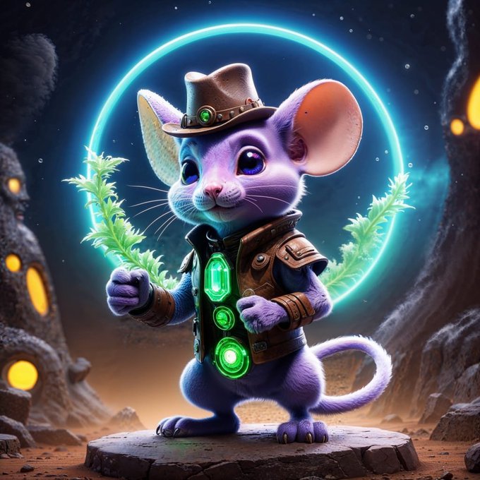 Digital fantasy artwork of an anthropomorphic purple mouse-like creature wearing a cowboy hat and leather vest with glowing green gemstones, holding a plant against a cosmic background.