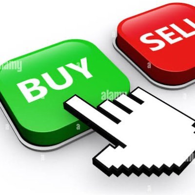 A pixelated hand cursor clicks a green "BUY" button next to a red "SELL" button, visually representing a trading action. This ties into the accompanying giveaway post, which encourages participants to engage with @BUY_coin1 by liking, retweeting, and sharing their USDT address for a chance to win crypto rewards.