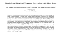 A snippet of academic text titled 'Batched and Weighted Threshold Encryption with Silent Setup' by Adi Akavia and others at the University of Washington.