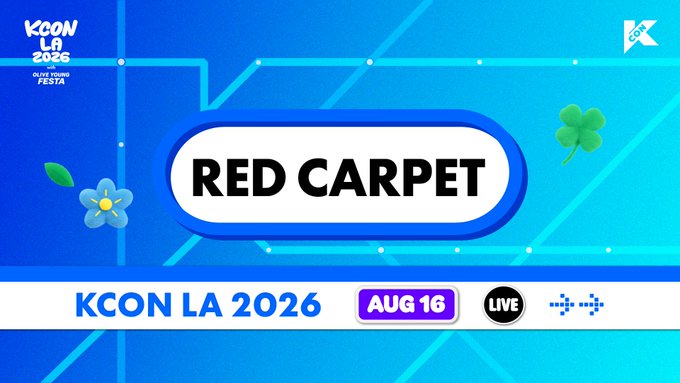 Promotional graphic for KCON LA 2026's Red Carpet live stream on August 16, featuring a bright blue design with a four-leaf clover and the event's logo, directing viewers to watch the broadcast on YouTube via Mnet K-POP, M2, and KCON Official channels.