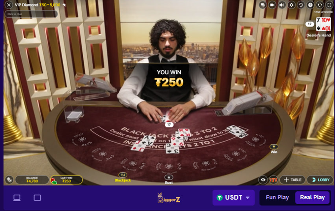 A player celebrates a winning Blackjack hand on the BetRivers.net live dealer table, showing a "YOU WIN ₮250" notification with a dealer displaying cards totaling 17 (the 9 of clubs visible). The image illustrates the poster's lucky streak after loading 5,000 in virtual currency on BiggerZ, capturing the "perfect BJ" win they referenced.