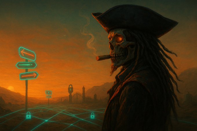 A digital illustration of a skeletal pirate with glowing red eyes, a tricorn hat, and dreadlocks, smoking a cigar, standing near directional signs and padlocks on a grid.