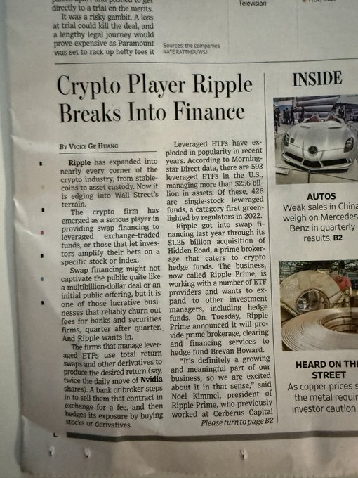A photo of a Wall Street Journal article headlined "Crypto Player Ripple Breaks Into Finance" by Vicky Ge Huang, detailing Ripple's expansion into leveraged ETF financing via its $1.25 billion acquisition of Hidden Road and the launch of "Ripple Prime," alongside a sidebar noting a Brevan Howard relationship—aligning with the accompanying post about Ripple Prime emerging as a serious player in prime brokerage for leveraged ETFs and hedge funds.