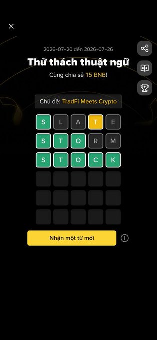 A screenshot of a Vietnamese-language mobile word game ('Thử thách thuật ngữ') with the theme 'TradFi Meets Crypto', showing completed words like SLATE, STORM, and STOCK on a grid.