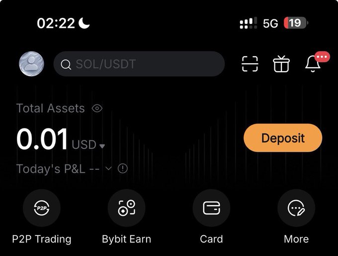 The image shows a mobile crypto trading app (appearing to be Bybit) with a "Total Assets" balance of just $0.01 USD and a low battery at 19%, perfectly illustrating the "broke wallet" screenshot referenced in the post.