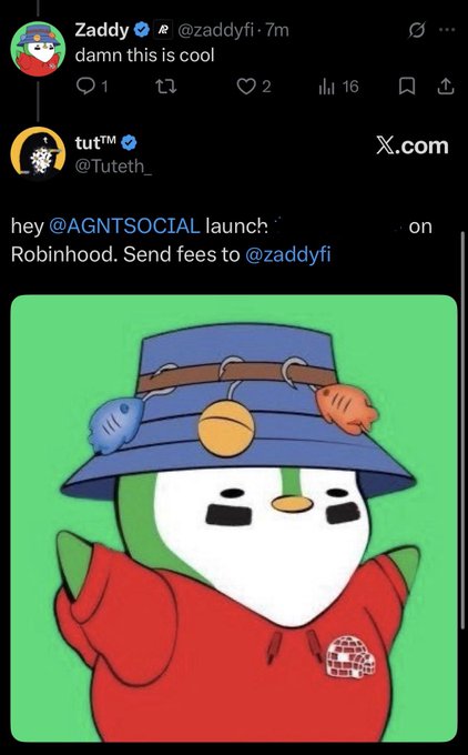 A screenshot of an X (Twitter) post by 'Zaddy (@zaddyfi)' saying 'damn this is coole' replies to 'tut™ (@Tuteth_)' who asks '@AGNTSOCIAL' to launch and send fees to '@zaddyfi', accompanied by an illustration of a white character in a bucket hat.
