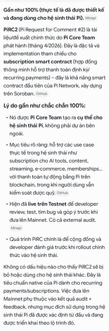 The image displays Vietnamese text discussing Pi Coin's PIRC2 (Pi Request for Comment #2), a subscription smart contract on the Pi Core Team's Mainnet that would enable developers to create subscription-based products and services within the Pi ecosystem. It outlines Pi Network's strict review standards for PIRC2 implementation, including no P2P trading, transparency requirements, TRONtest for developer Mainnet access, and community/developer approval, emphasizing that a successful rollout could significantly strengthen Pi's price position.