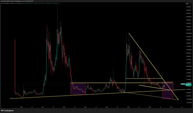 A TradingView candlestick chart of the HBAR/USD pair on the weekly timeframe shows a price range hovering around 0.245-0.250, with descending yellow trendlines converging into a tightening descending triangle pattern—visually reinforcing the post's bearish outlook of a brutal drop for HBAR bag holders.