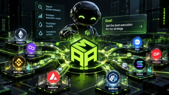 A futuristic 3D-rendered scene showing a black robot character above a glowing green cube, surrounded by various cryptocurrency logos including Ethereum, Polygon, BNB Chain, Avalanche, Arbitrum, Base, Optimism, and Solana.